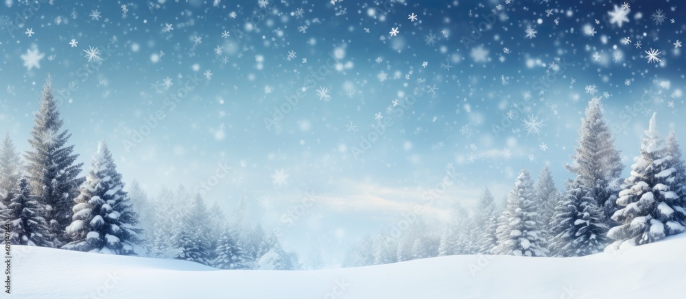 Poster Design of a wintery card featuring stunning snow and fir tree scenery Copy space image Place for adding text or design
