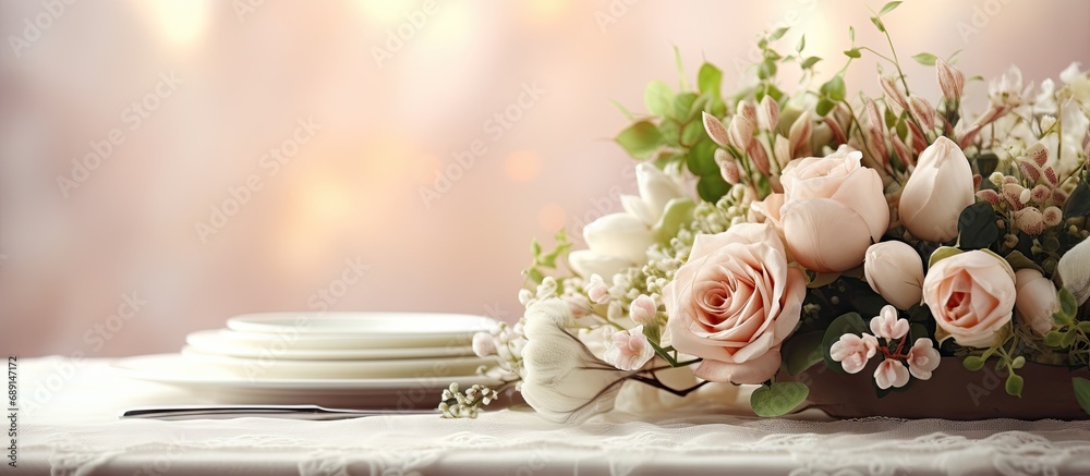 Poster Floral and printed decorations for a wedding table Copy space image Place for adding text or design