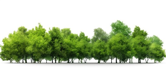 Isolated green trees on white background in a row Copy space image Place for adding text or design