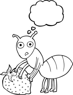 freehand drawn thought bubble cartoon ant with berry