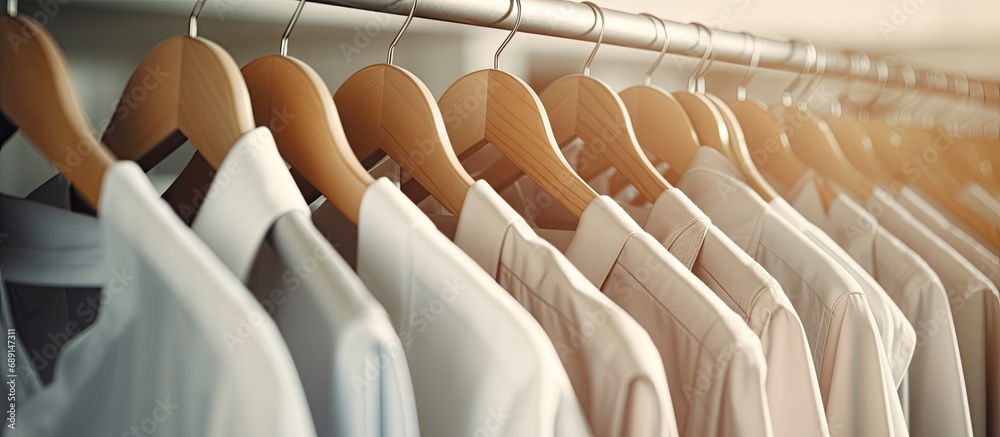 Poster Clean shirt hangers in laundry closeup Copy space image Place for adding text or design