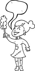 freehand drawn speech bubble cartoon undead monster lady cleaning
