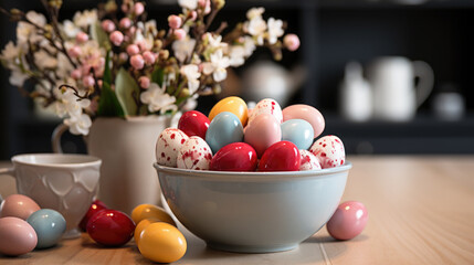 Fototapeta na wymiar basket with multi-colored Easter eggs on the table in a stylish kitchen, minimalism, Scandinavian interior, postcard, spring, design, religious holiday, traditional dish, treat, decor, flowers