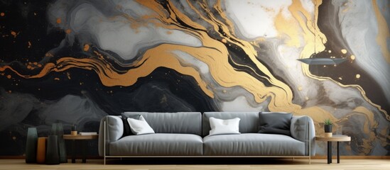 Geometric artwork for wall decoration resembling geode and watercolor painting with golden black...
