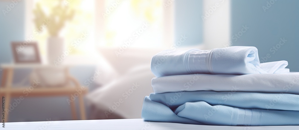 Poster Clean bedding sheets stacked in a blurry laundry room backdrop Copy space image Place for adding text or design