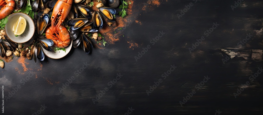 Fototapete Mussels and shrimp on a background ready for text Copy space image Place for adding text or design