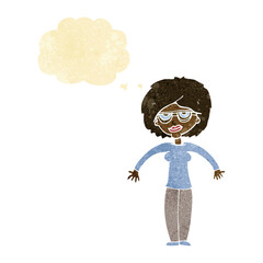 cartoon woman shrugging shoulders with thought bubble