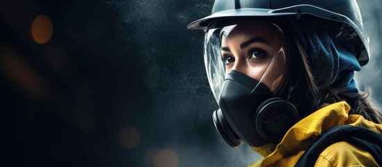 Industrial female worker with PPE dialog box vignette for ads and brochures Ensuring workplace safety Copy space image Place for adding text or design - obrazy, fototapety, plakaty