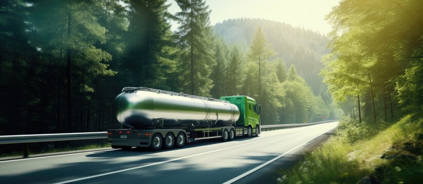 Hydrogen truck and trailer on forest road Innovative energy transportation filmed by drone Copy space image Place for adding text or design