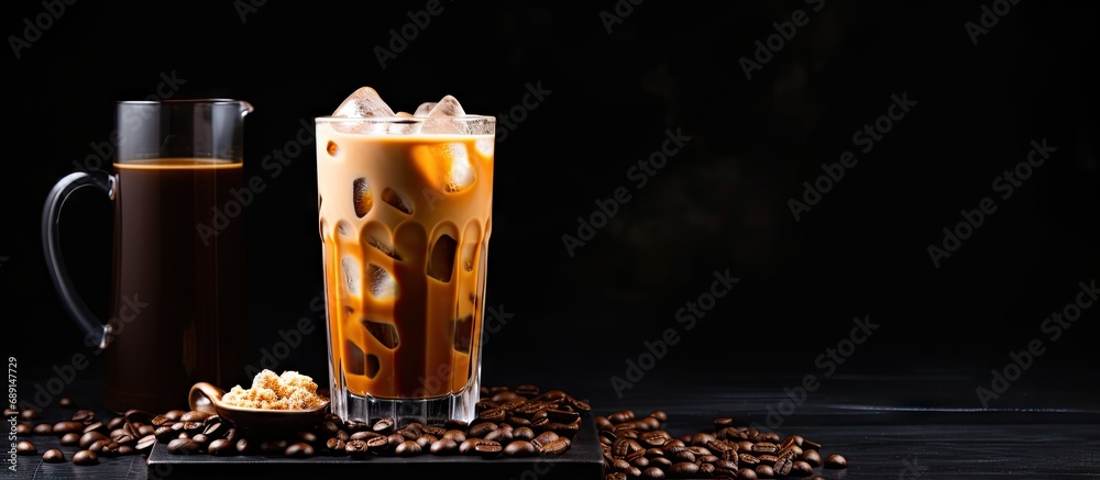 Fototapete iced coffee with cream and coffee beans on a dark table cold summer drink space for text focus copy 