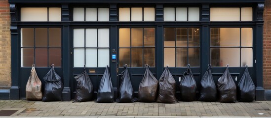 Bags for garbage are unattended outside a cafe in Kingston Copy space image Place for adding text...
