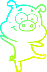 cold gradient line drawing of a happy cartoon pig dancing