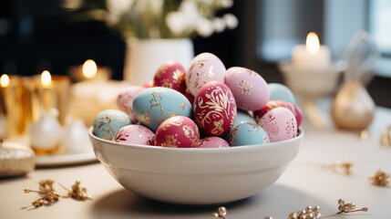 basket with multi-colored Easter eggs on the table in a stylish kitchen, minimalism, Scandinavian interior, postcard, spring, design, religious holiday, traditional dish, treat, decor, flowers