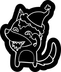 quirky cartoon icon of a hungry wolf wearing santa hat