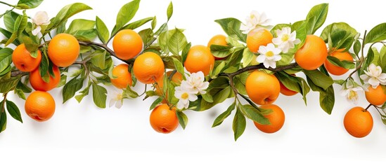Obraz premium An isolated branch of citrus tree with fruits and flowers on white background Copy space image Place for adding text or design