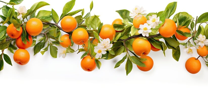 An isolated branch of citrus tree with fruits and flowers on white background Copy space image Place for adding text or design