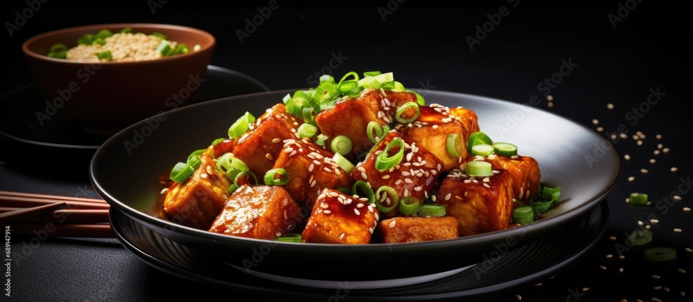 Poster asian tofu dish packed with protein and calcium made with fried teriyaki tofu scallions and sesame s