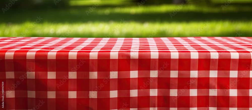 Poster Checkered tablecloth in red on the lawn Copy space image Place for adding text or design