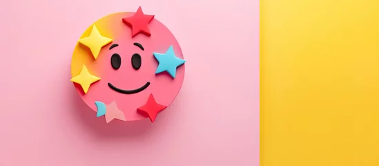 Foto op Plexiglas Emoji on colorful round paper with grunge star on pink background for positive feedback mental health evaluation child well being concept Copy space image Place for adding text or design © vxnaghiyev