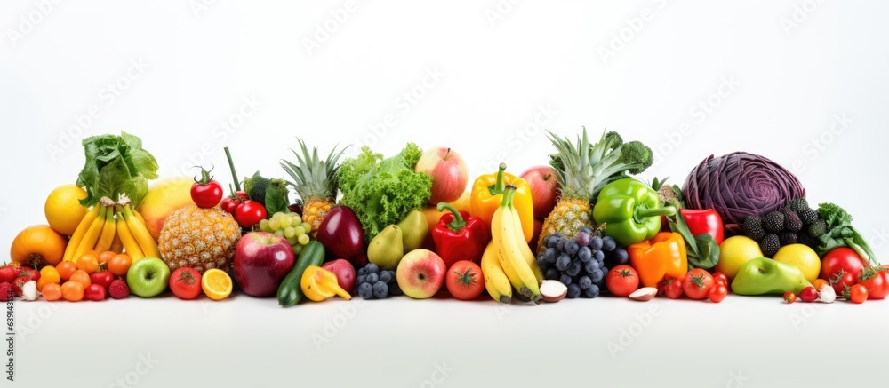 Wall mural colorful fruits and vegetables isolated on white copy space image place for adding text or design