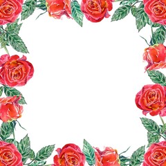 Fototapeta na wymiar Square frame of red roses and green leaves. Watercolor illustration isolated on white background. Greeting cards, wedding invitations, Valentines day.