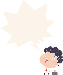cute cartoon businessman with speech bubble in retro style
