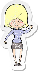 retro distressed sticker of a cartoon happy woman