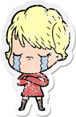 distressed sticker of a cartoon woman crying
