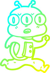 cold gradient line drawing of a cartoon three eyed alien