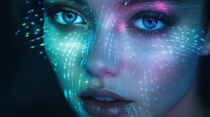 close up face portrait of a woman with light shining projections on the head, fashion glamour photo