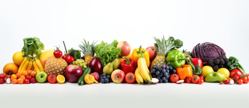 Colorful fruits and vegetables isolated on white Copy space image Place for adding text or design