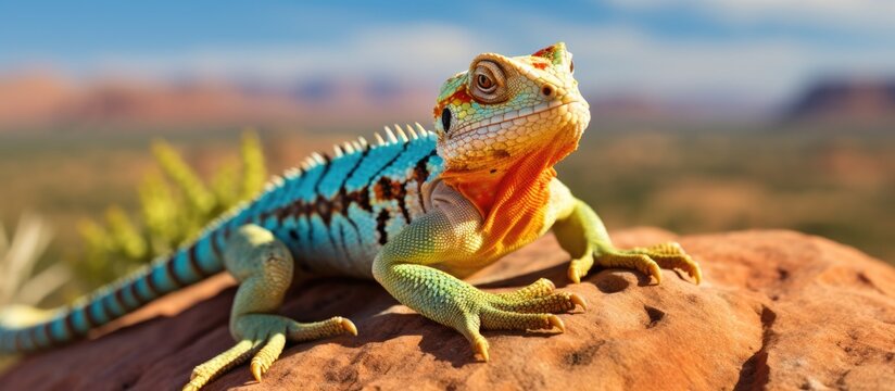 Colorful native lizard sunning on a boulder in the American Southwest Copy space image Place for adding text or design