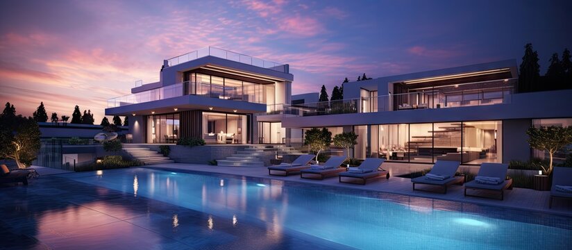 Luxurious new nighttime mansion with pool and vibrant sky Copy space image Place for adding text or design