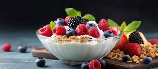 Healthy breakfast with yogurt granola and fruit berry salad Copy space image Place for adding text...