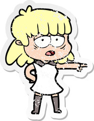 distressed sticker of a cartoon tired woman pointing