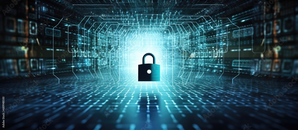 Poster Future technology and internet security with a lock symbol ensuring privacy and safe online access Copy space image Place for adding text or design