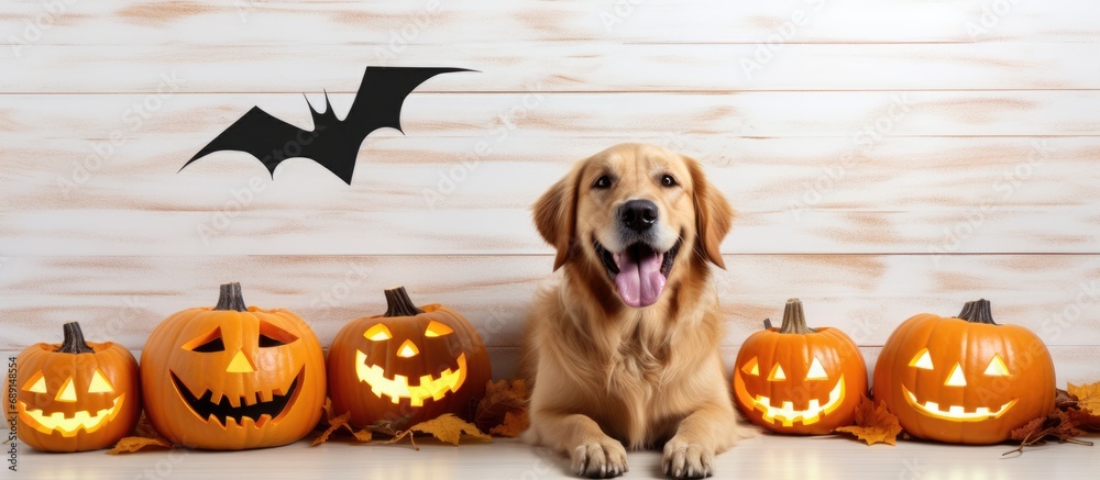 Poster Golden retriever in pumpkin costume with bats and smile on a white background for Halloween Copy space image Place for adding text or design