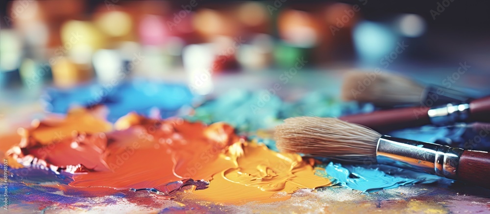 Poster Mixing colors with art brushes during the creative process of painting pictures using different paints and brushes for creativity Copy space image Place for adding text or design