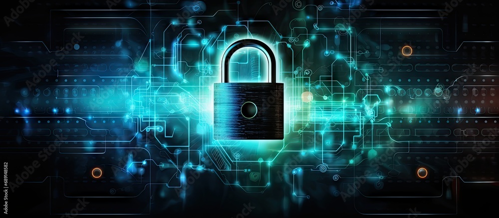 Poster Lock on digital background Protection system for technology security Copy space image Place for adding text or design