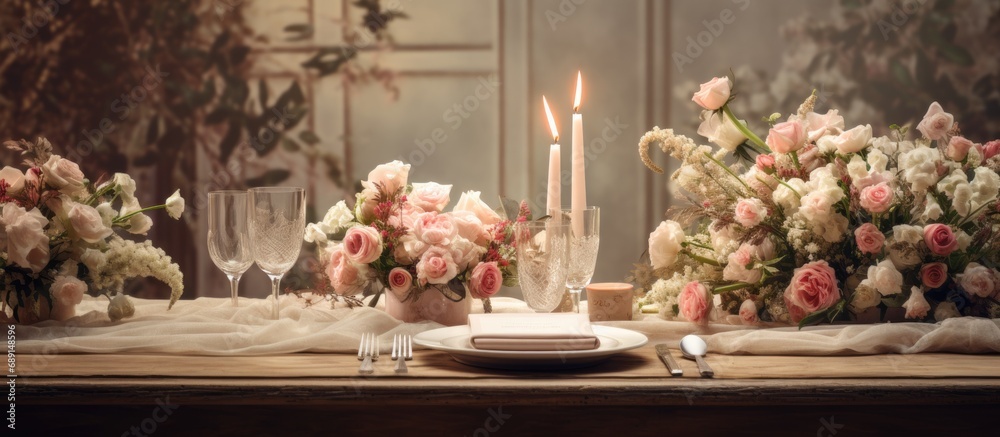 Poster Floral and printed decorations for a wedding table Copy space image Place for adding text or design