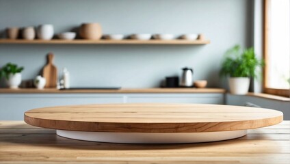 Kitchen Background Blur Effect, Wooden Round Table Product Presentation Area