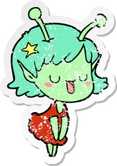 distressed sticker of a happy alien girl cartoon