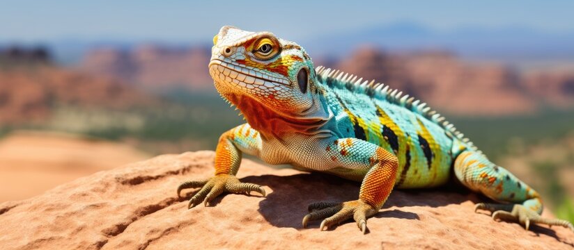 Colorful native lizard sunning on a boulder in the American Southwest Copy space image Place for adding text or design
