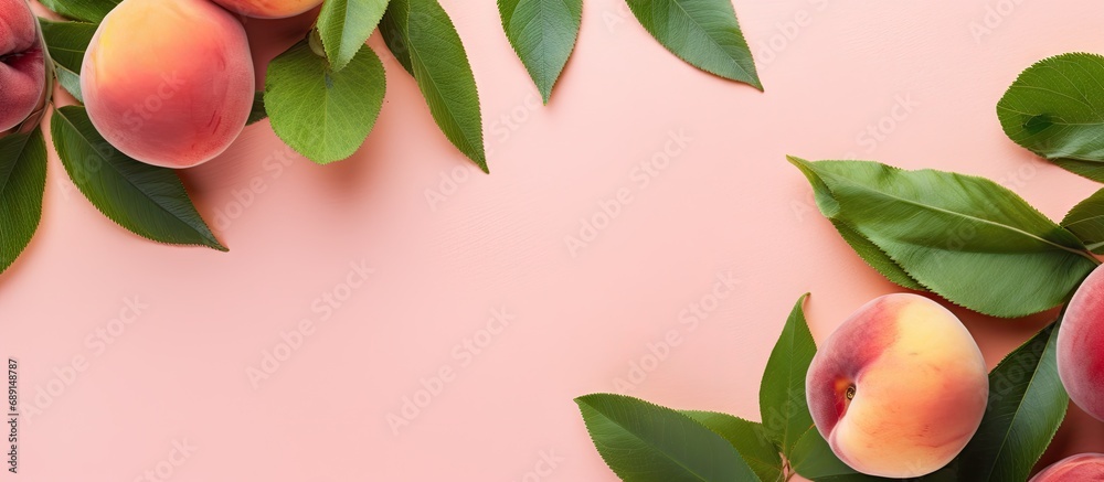 Poster flat lay composition of ripe peaches with green leaves on pink background top view with copy space f