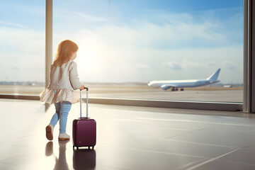 Girl and suitcase walking in the airport. Standing on the walkway in front of a tall glass window with an airplane. A girl traveling alone. Copy space.