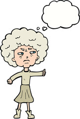 cartoon annoyed old woman with thought bubble