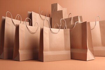 Paper shopping bags on beige background. 3d render. Minimal concept.