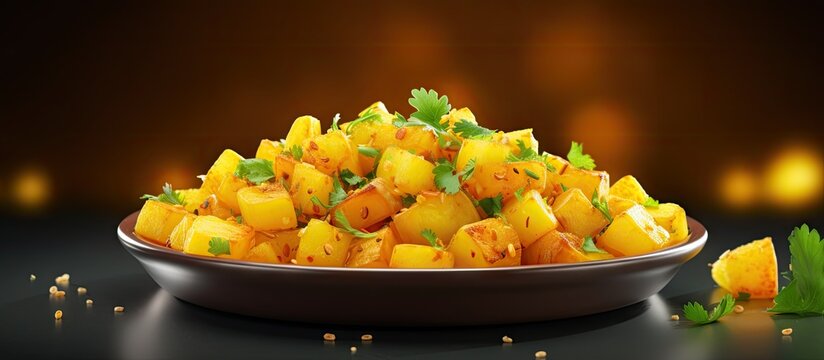Indian Vegetarian dish Potato cumin Copy space image Place for adding text or design