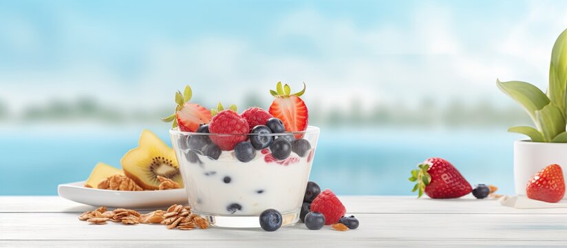 Front view of a healthy breakfast with vegetarian yogurt granola and fresh fruit on a blue table in a white kitchen Copy space image Place for adding text or design