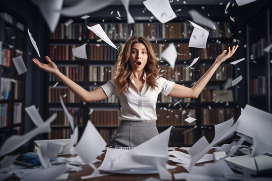 Businesswoman in the office. Throwing papers and documents all over the room. Shouting in anger and frustration.